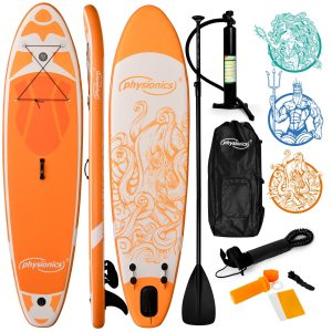 Stand Up Paddle Board, 305 x 76 x 12 cm, oppustelig, justerbar pagaj, håndpumpe med trykmåler, snor, rygsæk, reparationssæt, orange