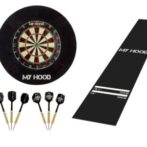 Dart-pakke: My Hood Tournament Dartskive med beskyttelsesring, 6 pile og dartmåtte